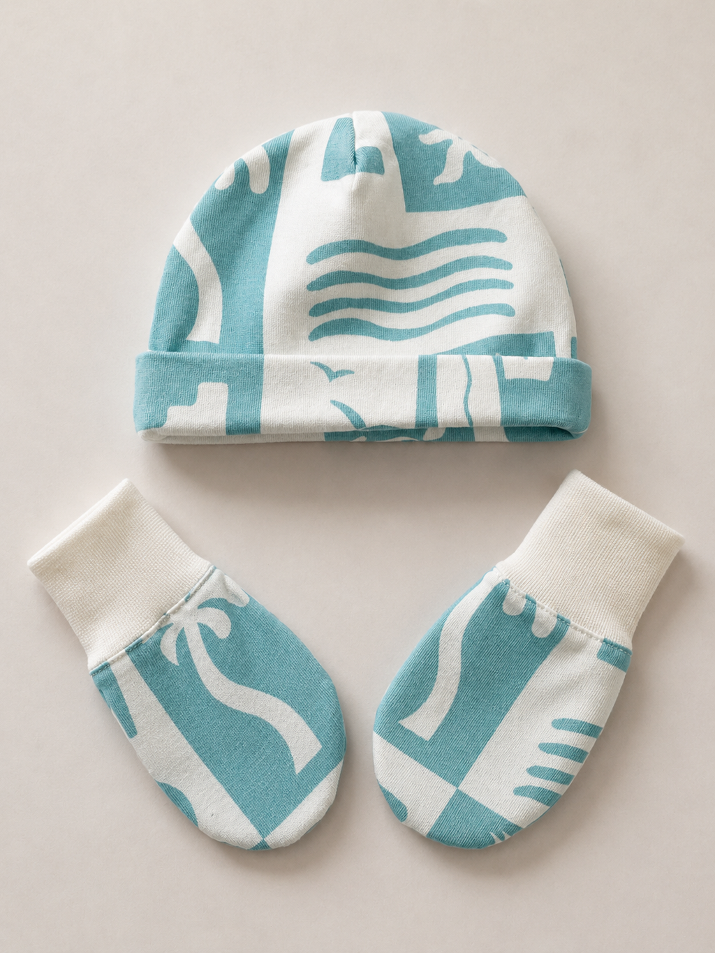 Babygiftset med mössa & vantar – Vit & Turkos