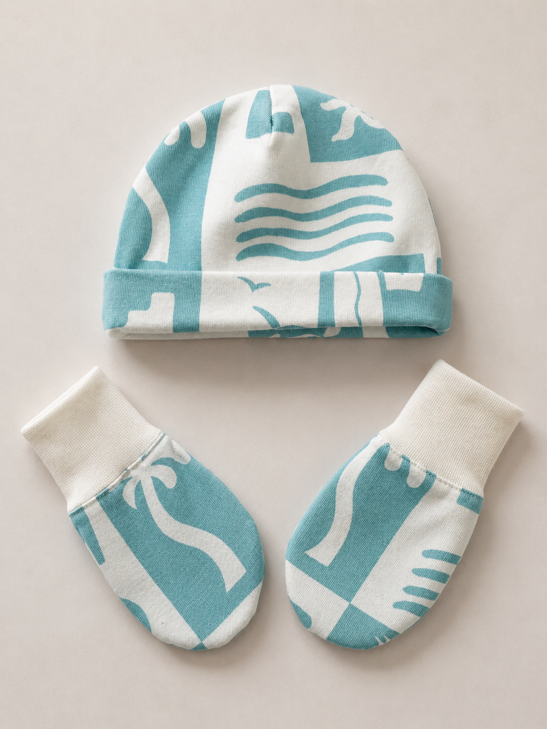 Babygiftset med mössa & vantar – Vit & Turkos