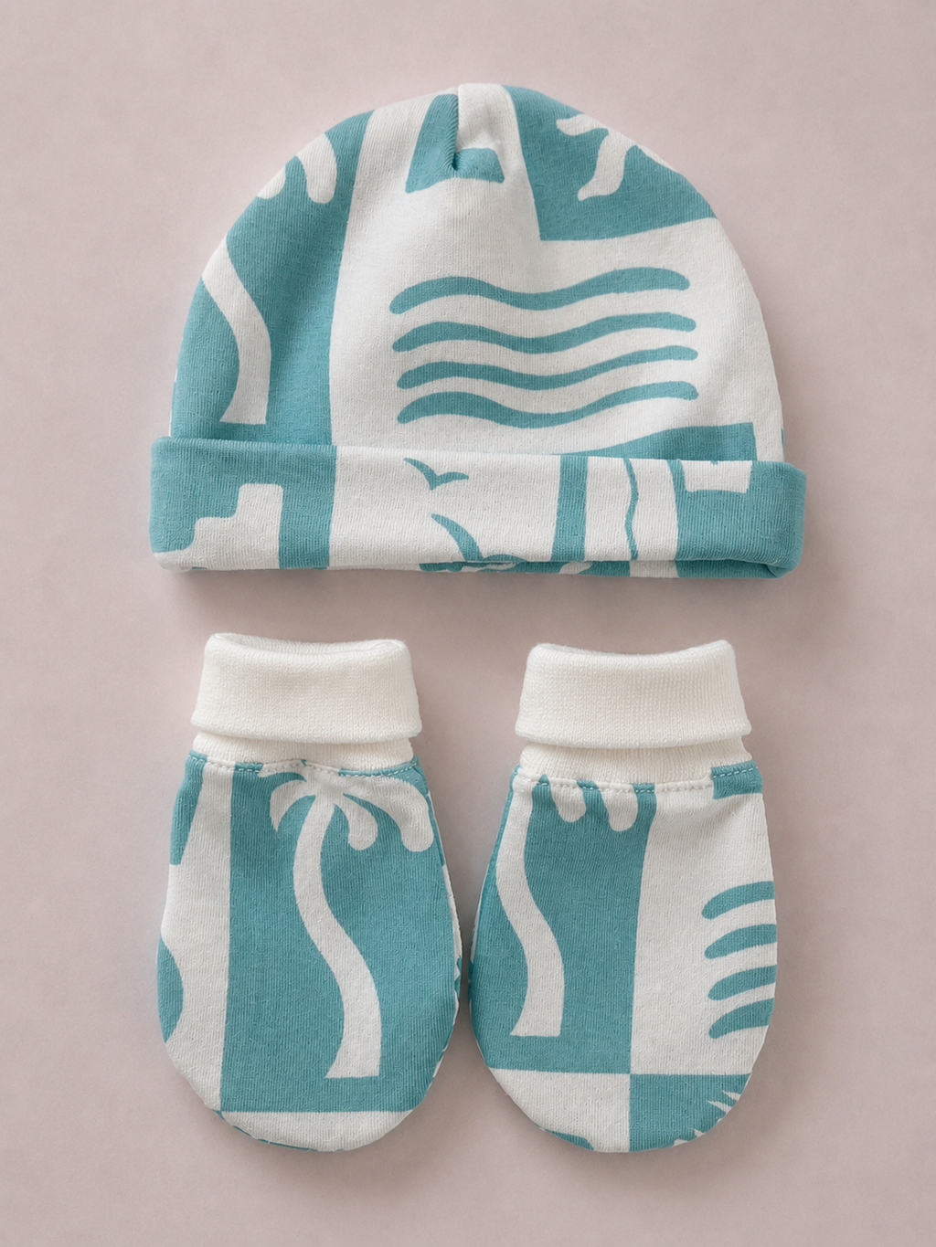 Babygiftset med mössa & vantar – Vit & Turkos