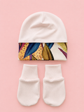 Babygiftset med mössa & vantar –Bladmönster Rosa