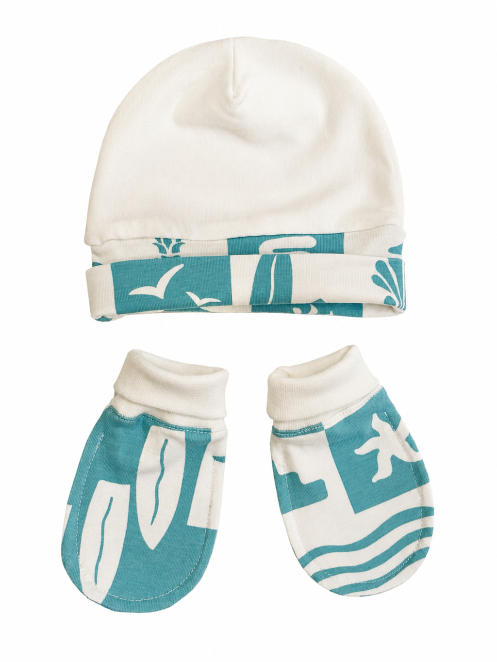 Babygiftset med mössa & vantar – Vit & Turkos