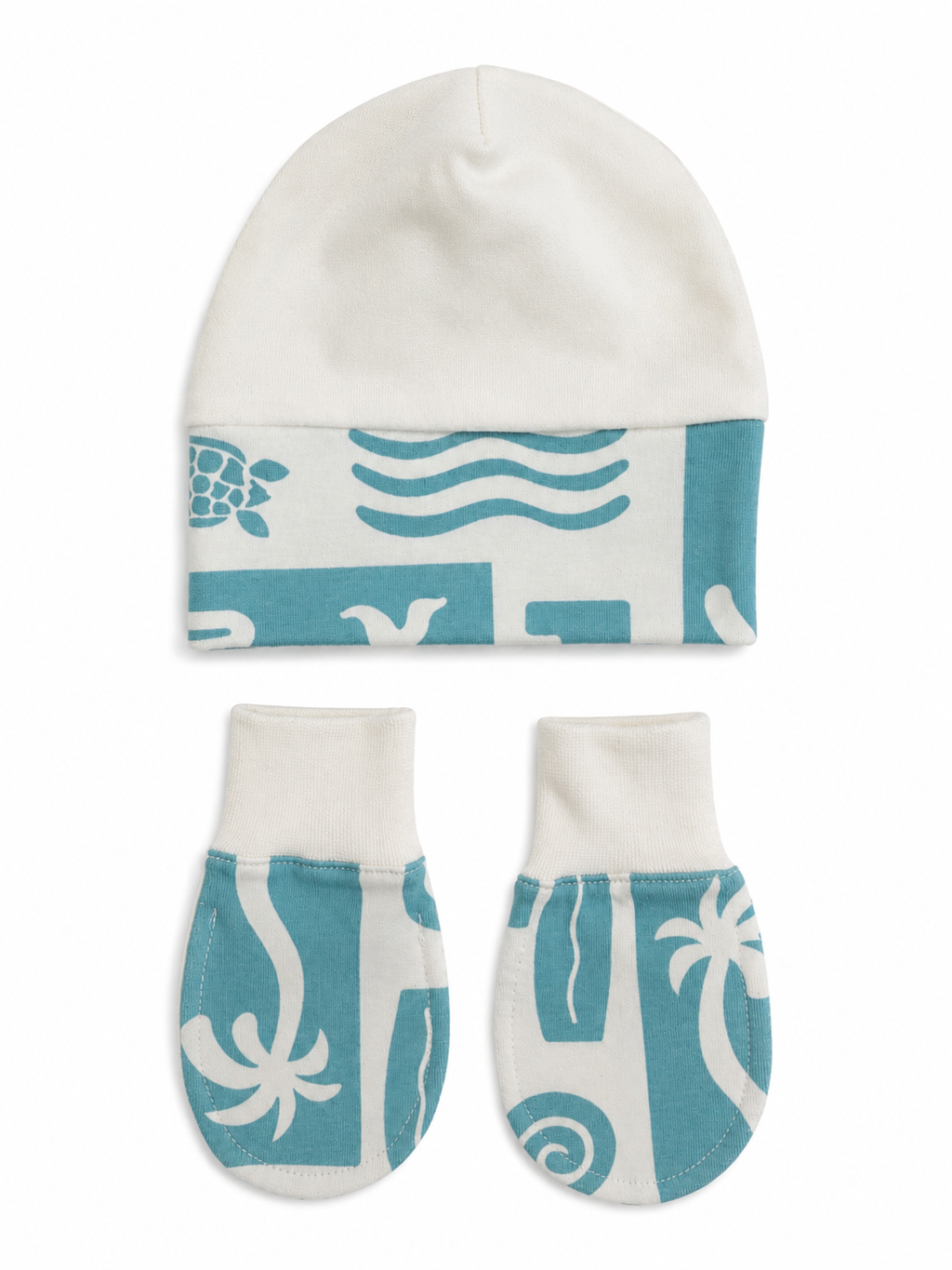 Babygiftset med mössa & vantar – Vit & Turkos